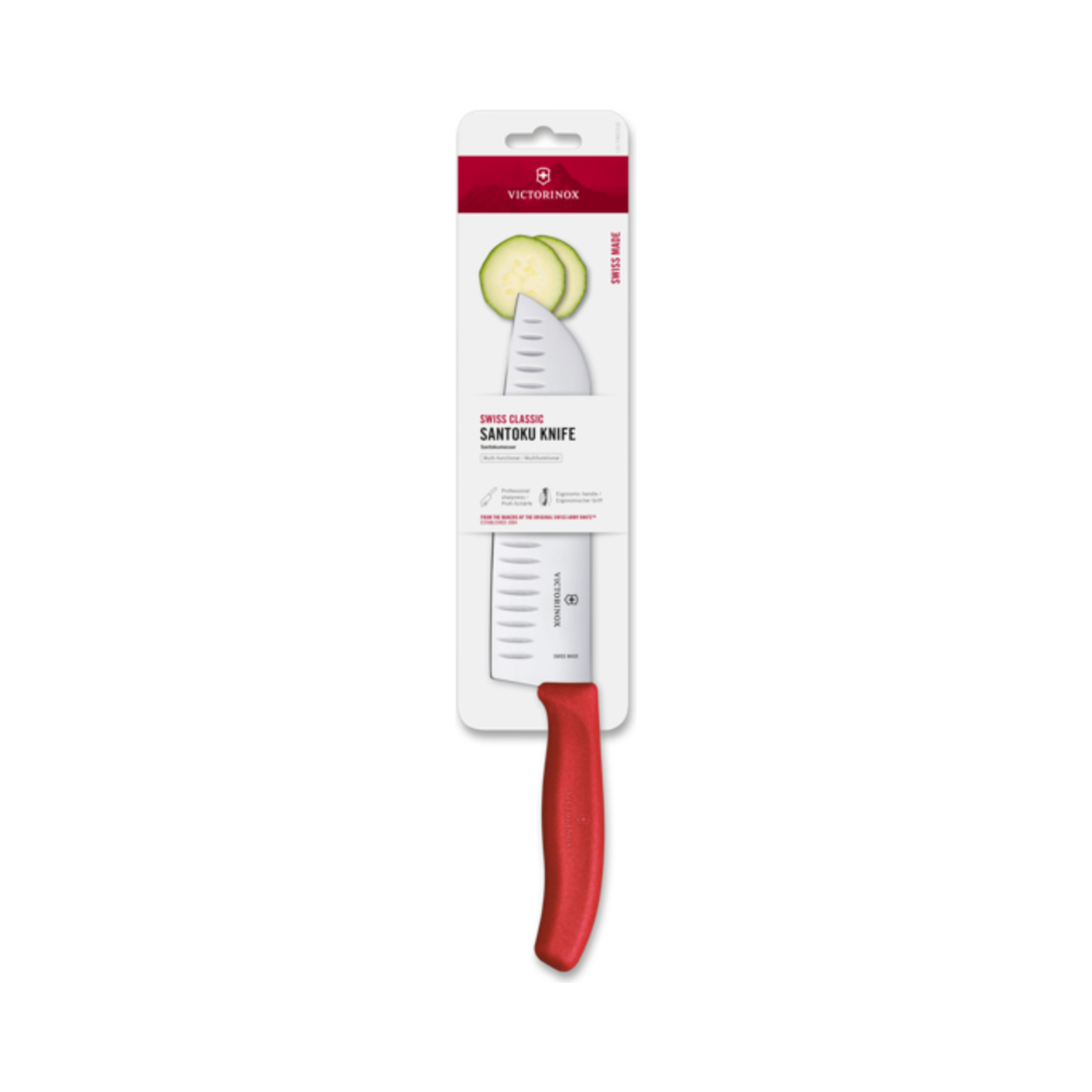 Swiss Classic, santoku knife, 17cm, straight, fluted, red,blister